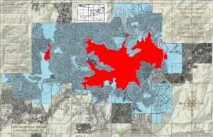 Lake Strips in red are shared community property, Arrowhead Woods, Lake Arrowhead, CA 92352 Lake Rights Map. No membership needed. Free to share. Public Domain.